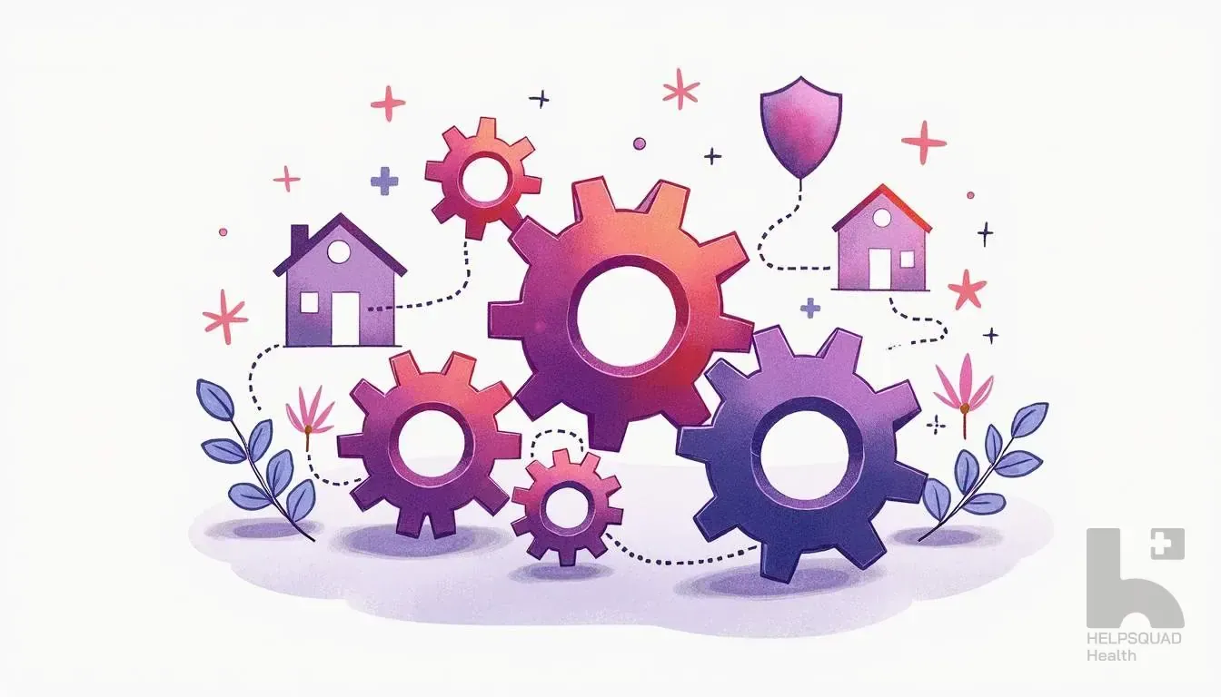 Illustration of interlocking red and purple gears with small houses, a shield, and leaves on a white background