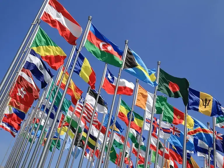 Rows of colorful national flags from many countries waving on tall poles against a clear blue sky