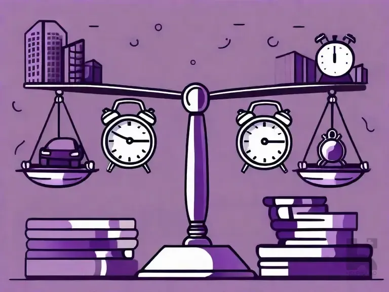 Purple illustration of a balance scale holding alarm clocks and a stopwatch above stacks of books with city skyline