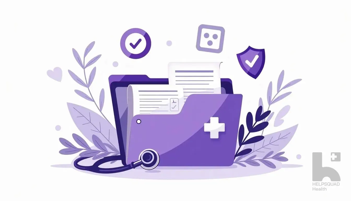 Purple medical folder with documents, stethoscope, checkmark, and shield icons surrounded by leafy foliage illustration