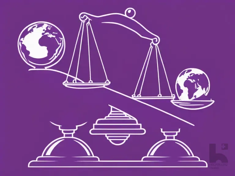 White line illustration of two balance scales holding globes on a purple background