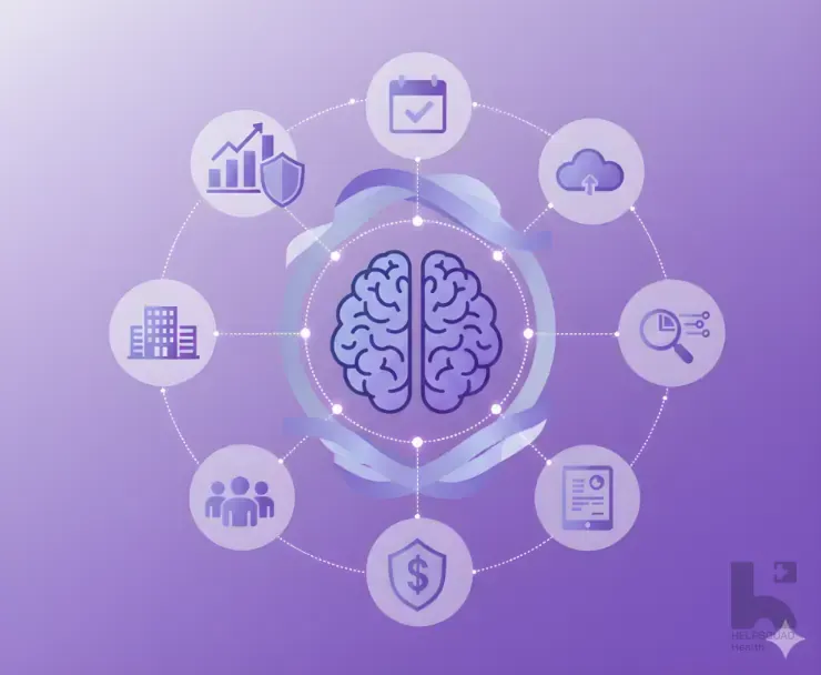 Illustrated brain at center of a circle of icons including chart, cloud, building, team, and dollar shield on purple