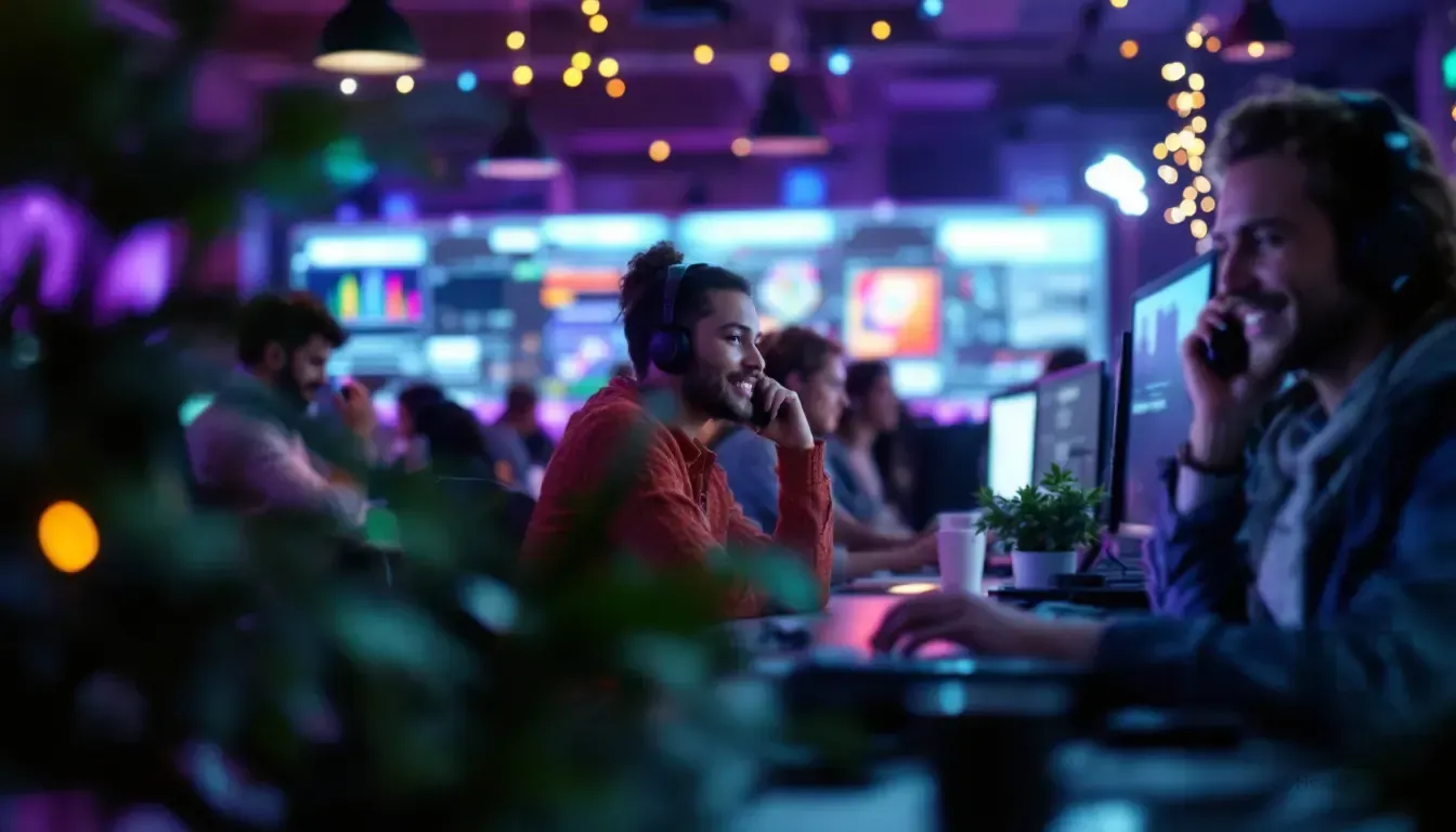 Call center agents wearing headsets working at computers in a busy office lit with purple and blue lighting