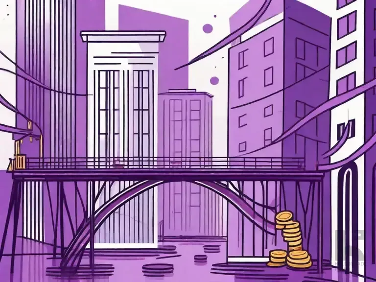 Stylized purple cityscape illustration with a bridge connecting buildings and a stack of gold coins in the foreground
