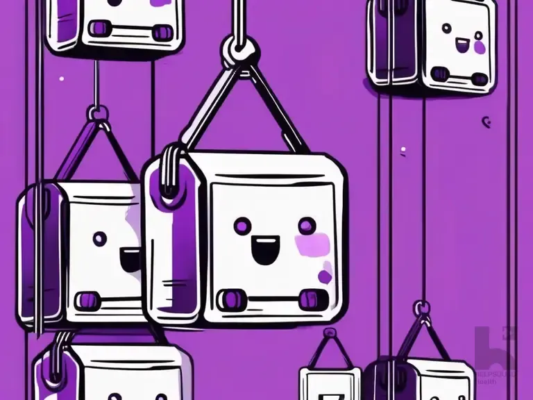 Cartoon smiling square chat bubble characters hanging from hooks on a purple background