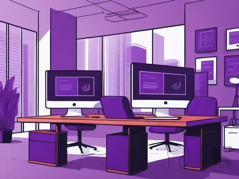 Purple toned illustration of a modern office with two desktop computers, chairs, and city view windows