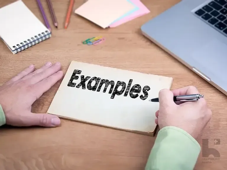 Hands holding a pen over a notepad with the word Examples written on it, beside a laptop and pencils on a wooden desk