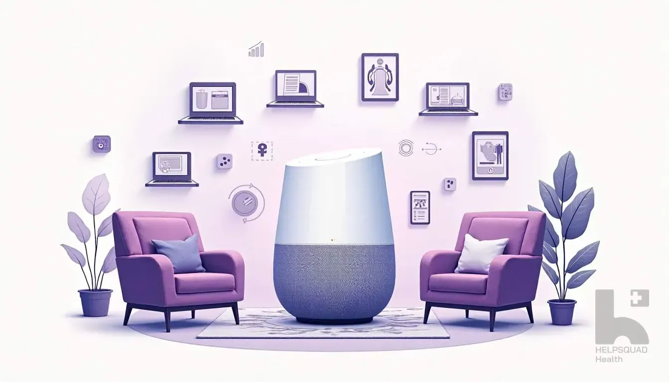 Purple themed living room illustration with two armchairs flanking a smart speaker and tech icons on the wall