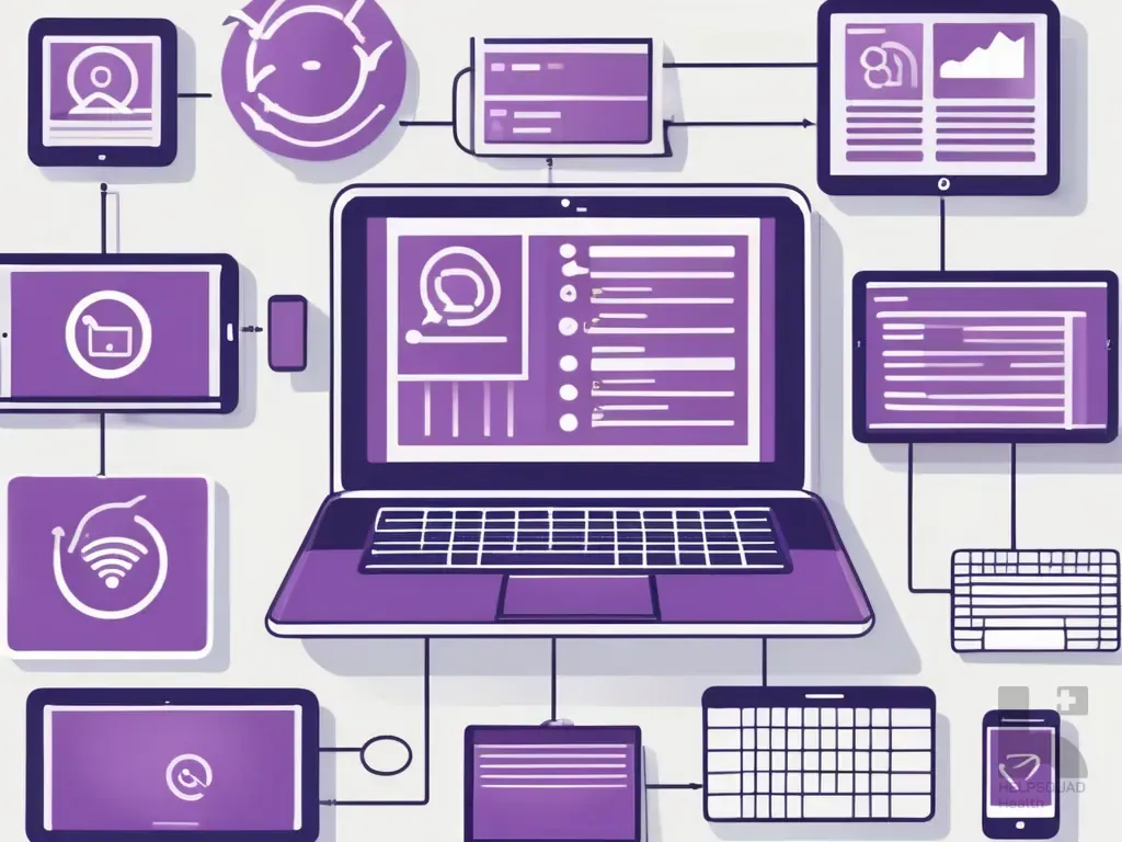 Purple illustration of a laptop connected by lines to tablets, phones, and screens showing icons and charts