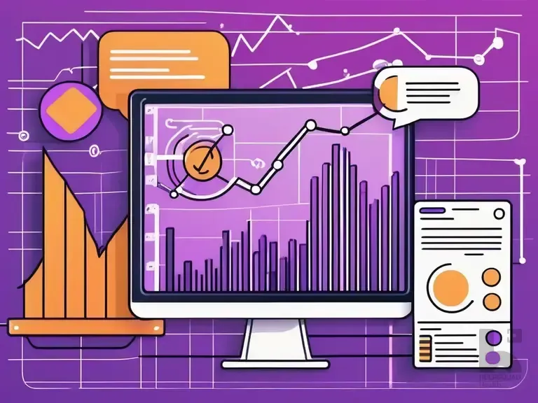 Illustrated desktop monitor with bar chart, line graph, and speech bubbles on a purple background with analytics icons