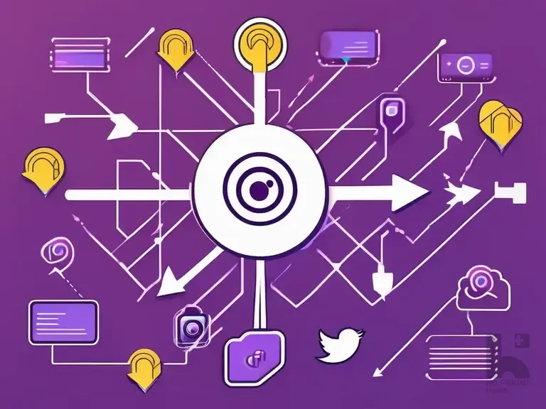 Purple illustration of a central target icon connected by arrows to social media, chat, and location icons
