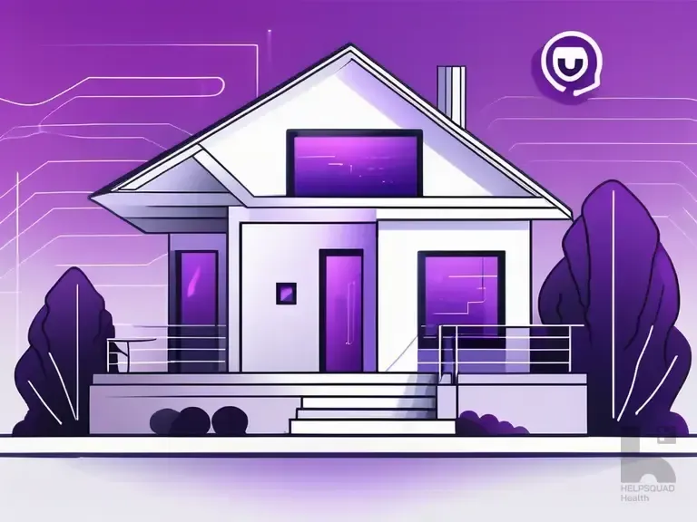 Stylized purple illustration of a modern house with glowing windows, trees, and a chat bubble icon above