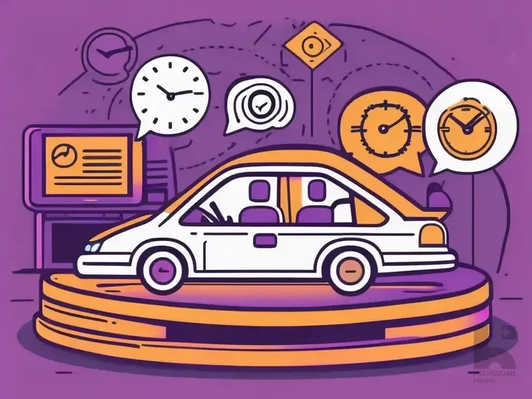 Illustrated white car on an orange display platform with clock and speedometer speech bubbles on a purple background