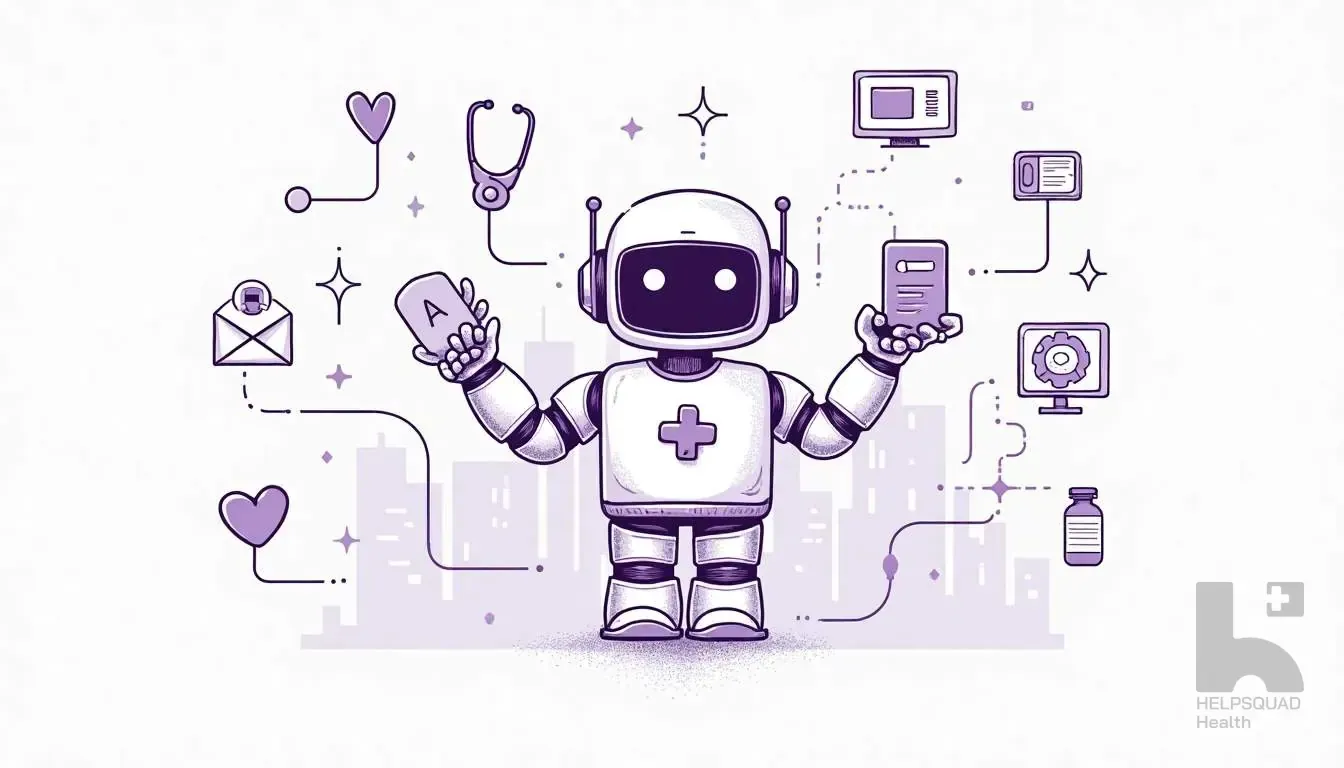 Purple line illustration of a friendly robot with medical cross holding a pill and phone, surrounded by healthcare icons