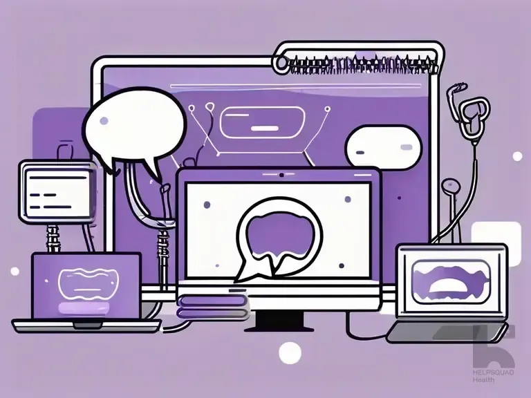 Purple illustration of computer monitors, a laptop, and a stethoscope with chat speech bubbles on the screens