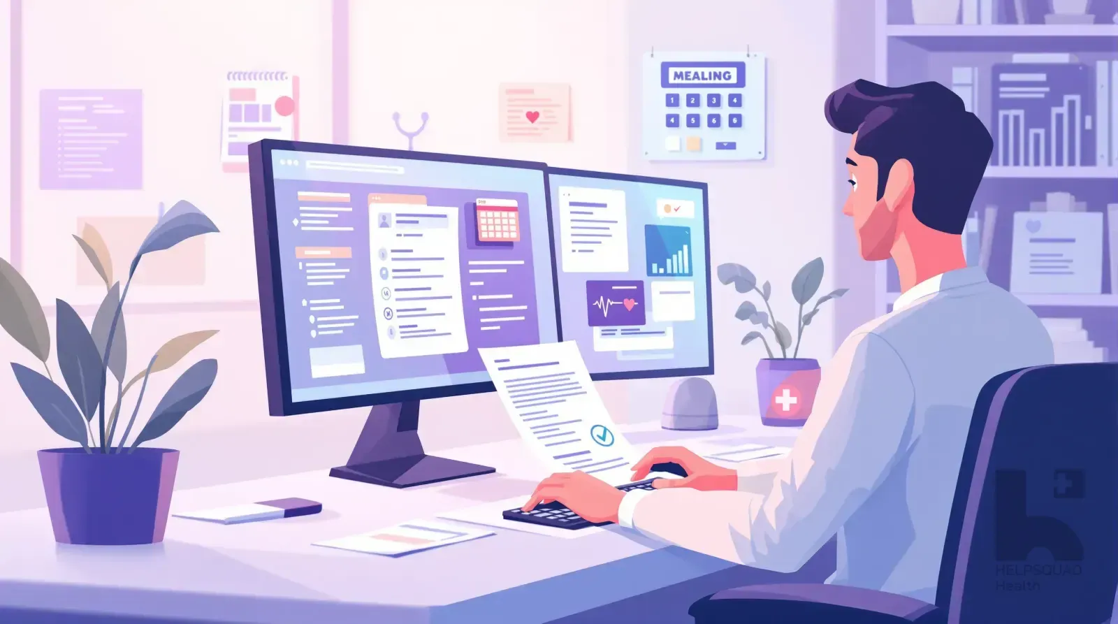 Flat illustration of a specialist at a workstation reviewing a signed compliance document beside patient records