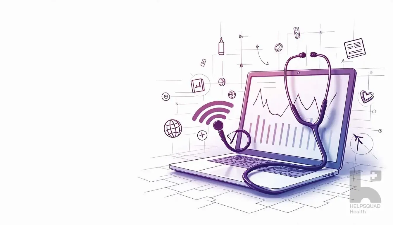 Purple line illustration of a laptop showing a chart with a stethoscope draped over it and medical icons