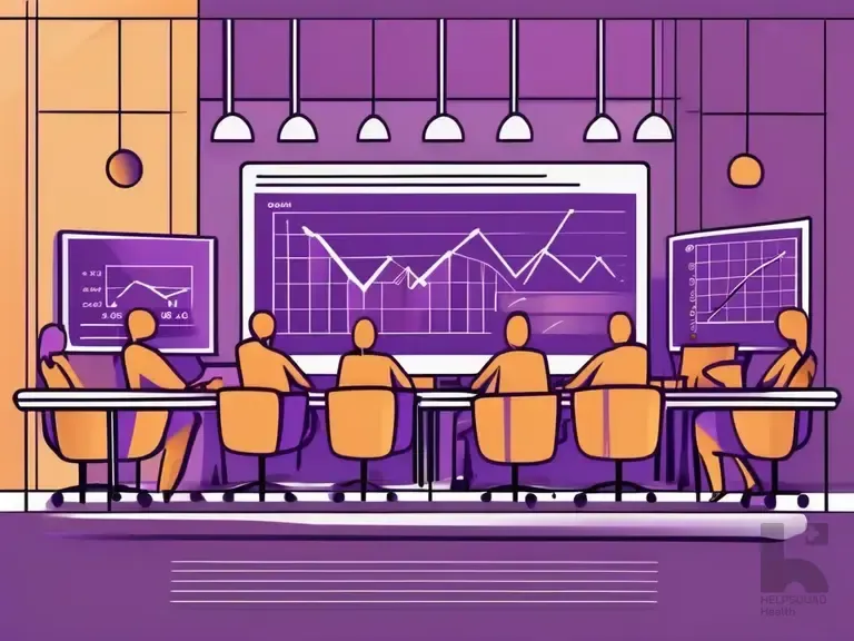 Illustration of orange figures seated at a conference table viewing screens with line graphs in a purple room