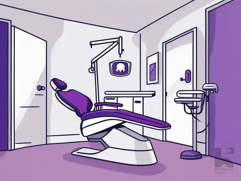 Cartoon illustration of an empty purple and white dental chair in an exam room with overhead lamp