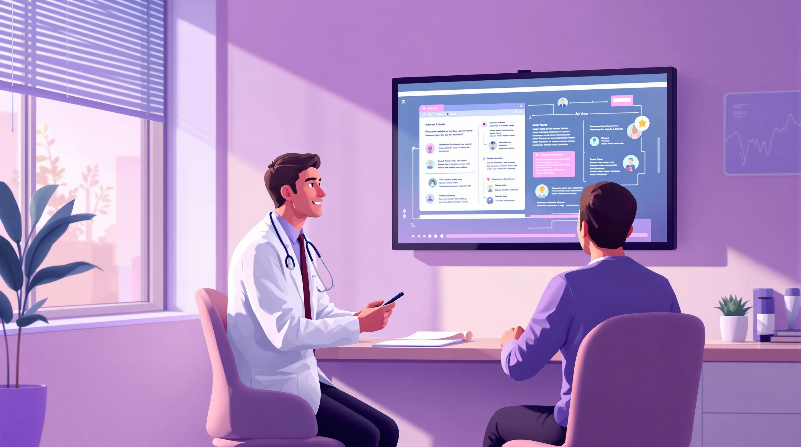 Primary care physician reviewing AI-generated clinical notes on a screen in a modern examination room while a patient sits across the desk