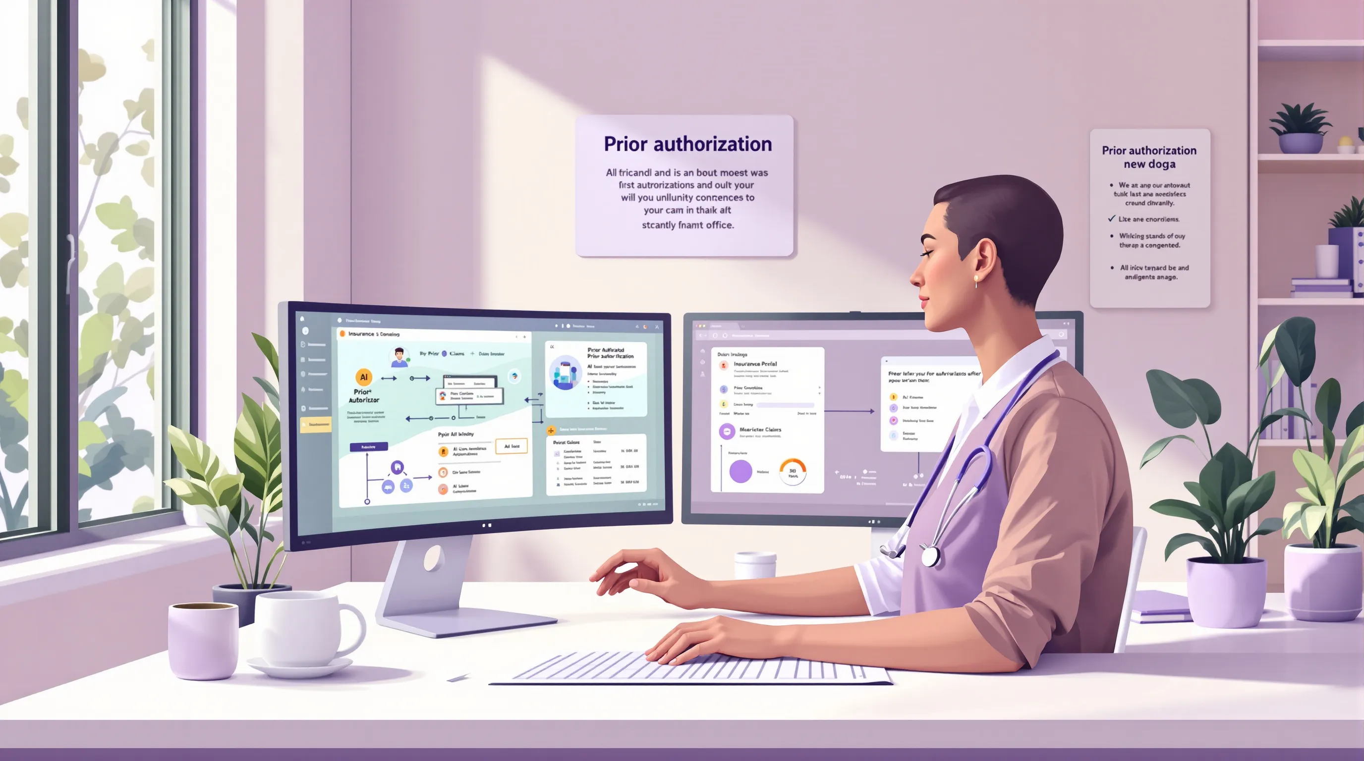 Medical office administrator reviewing AI-assisted prior authorization workflow on dual monitors at a primary care front desk