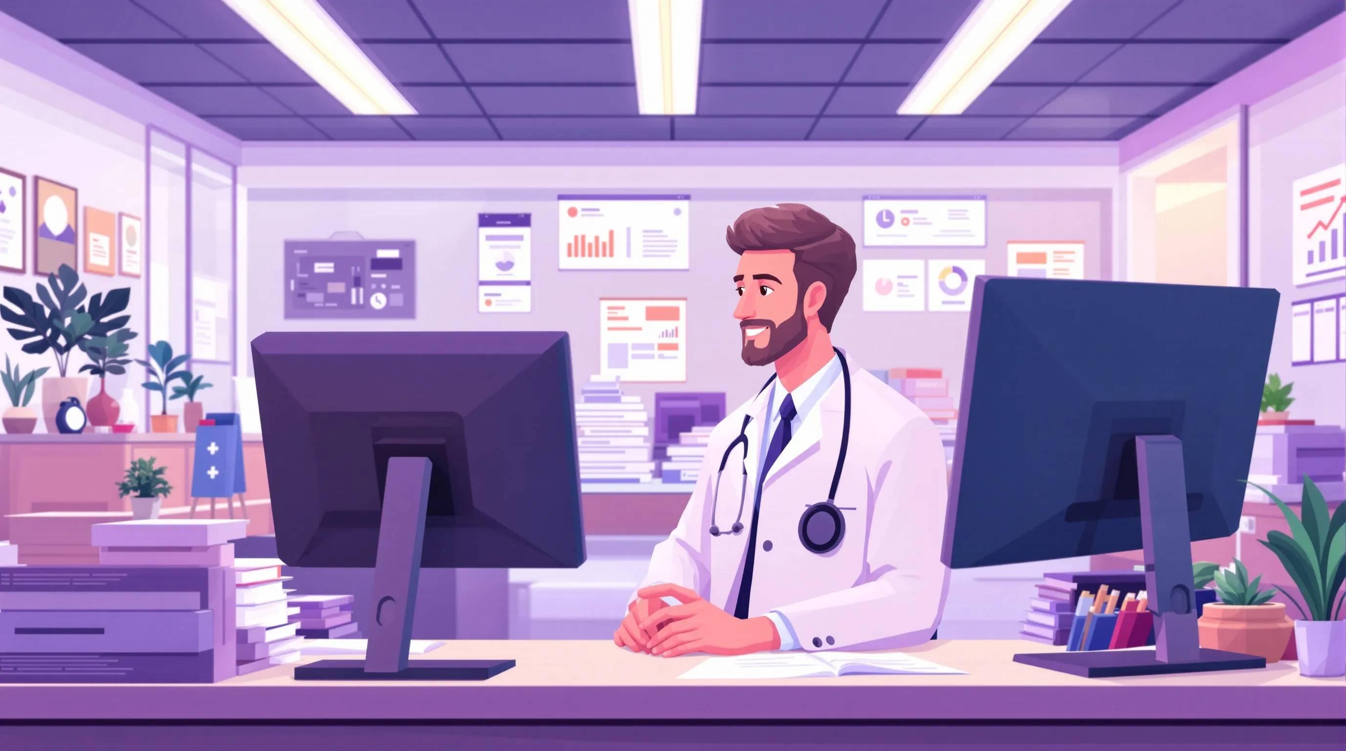 Healthcare practice administrator reviewing insurance reimbursement and prior authorization data at a modern medical office workstation