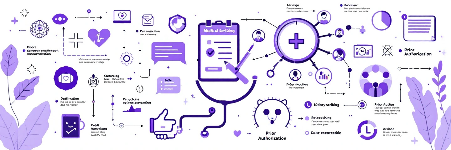 Purple infographic with a stethoscope, magnifying glass, clipboard, thumbs up and scattered healthcare workflow icons