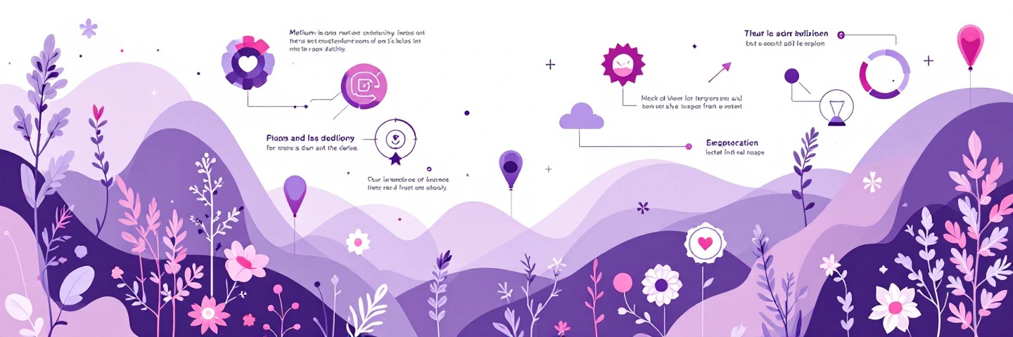 Purple illustrated landscape with rolling hills, flowers, hot air balloons and floating callout labels with icons
