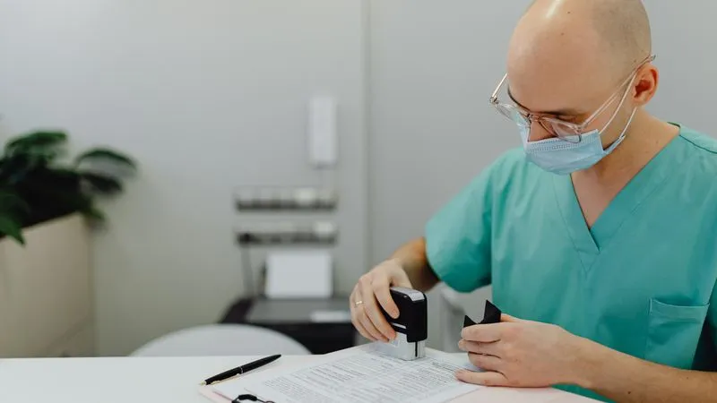 Medical worker in scrubs and a face mask stamping a paper form at a desk.
