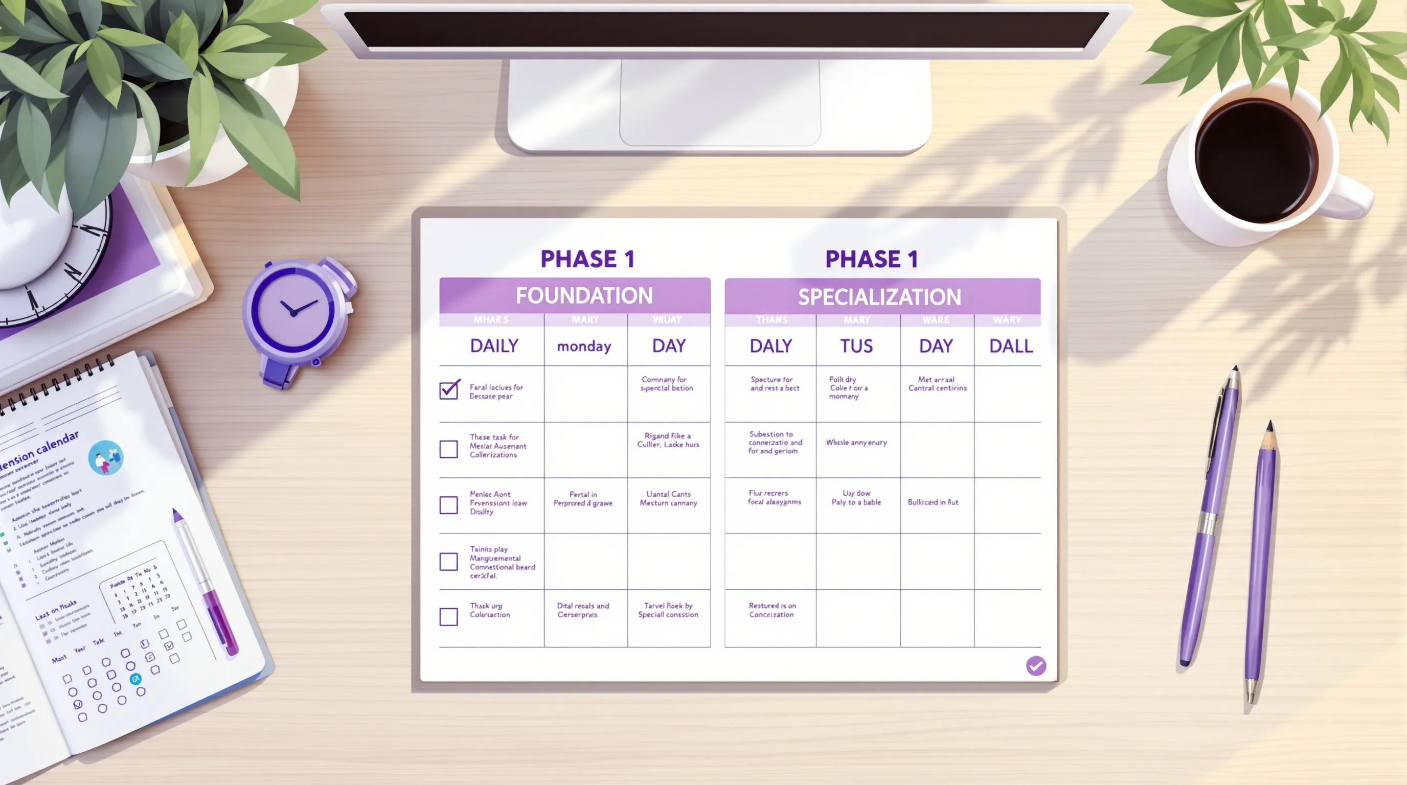 A two-phase medical VA training schedule displayed on a whiteboard, showing Phase 1 Foundation and Phase 2 Specialization with daily checkpoints and deliverables