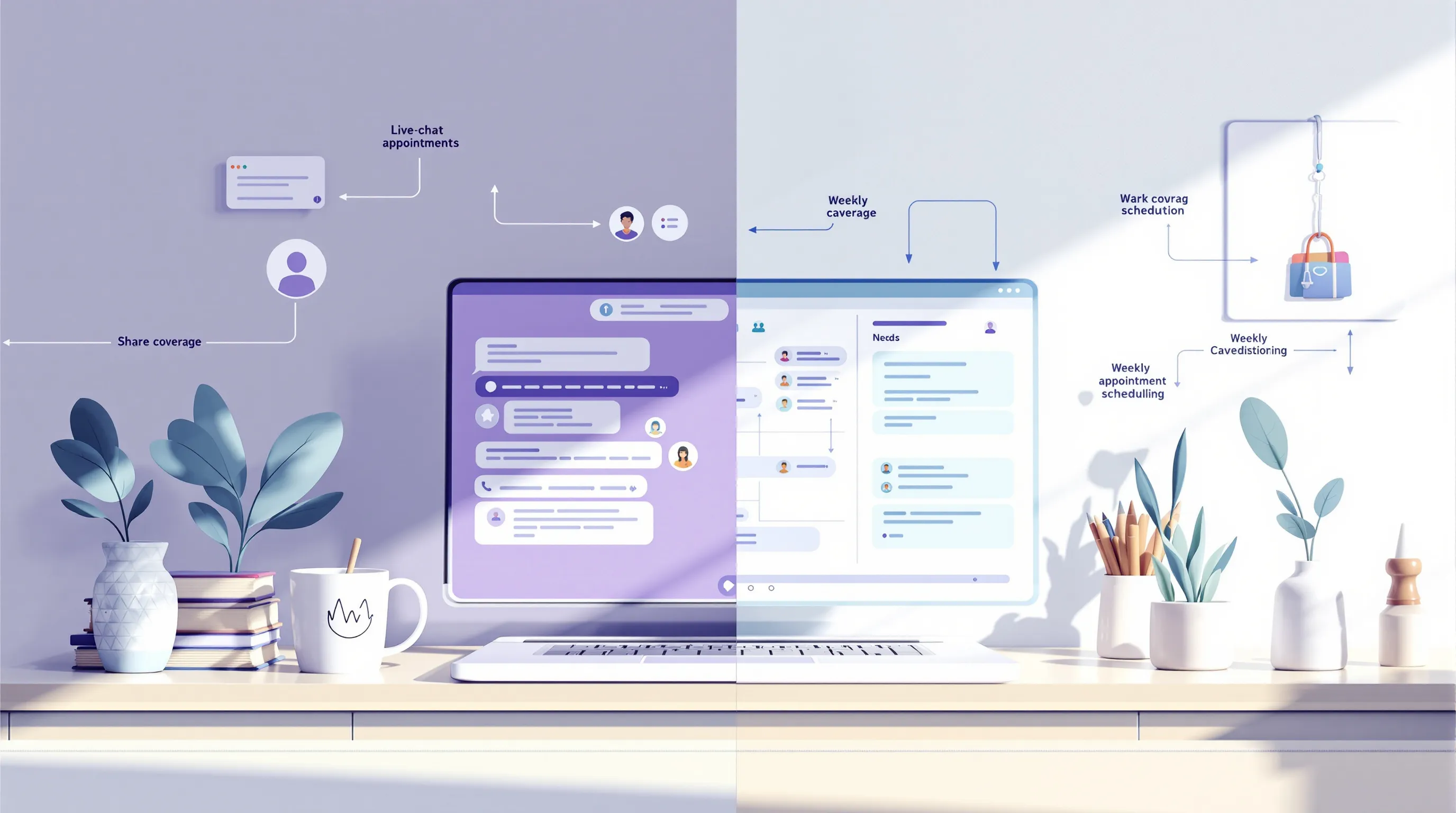 Side-by-side view of a shared live chat interface and a VA scheduling calendar, representing the bridge from AI coverage to dedicated staffing