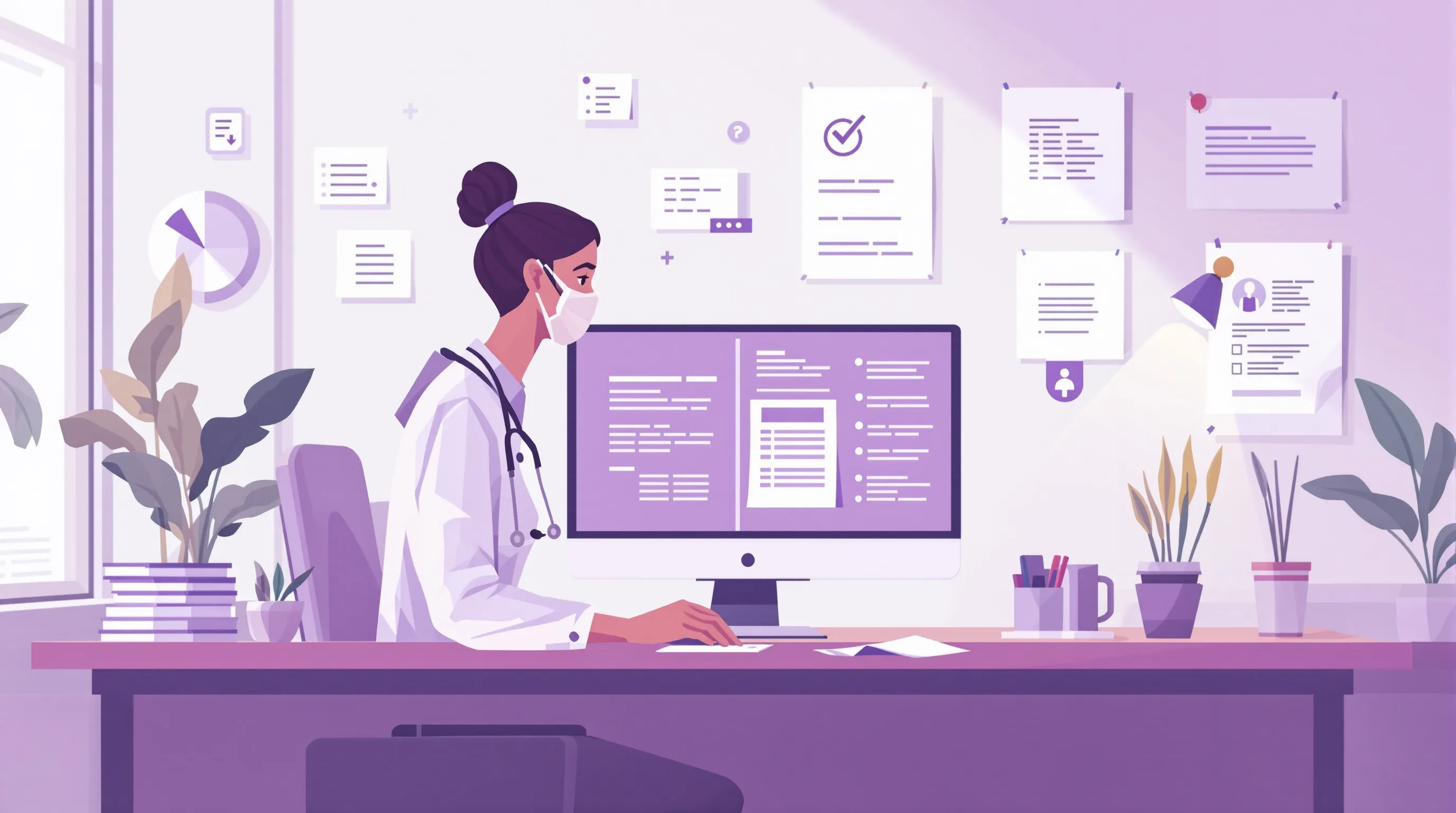 Healthcare administrator reviewing prior authorization documentation on a computer at a medical office desk