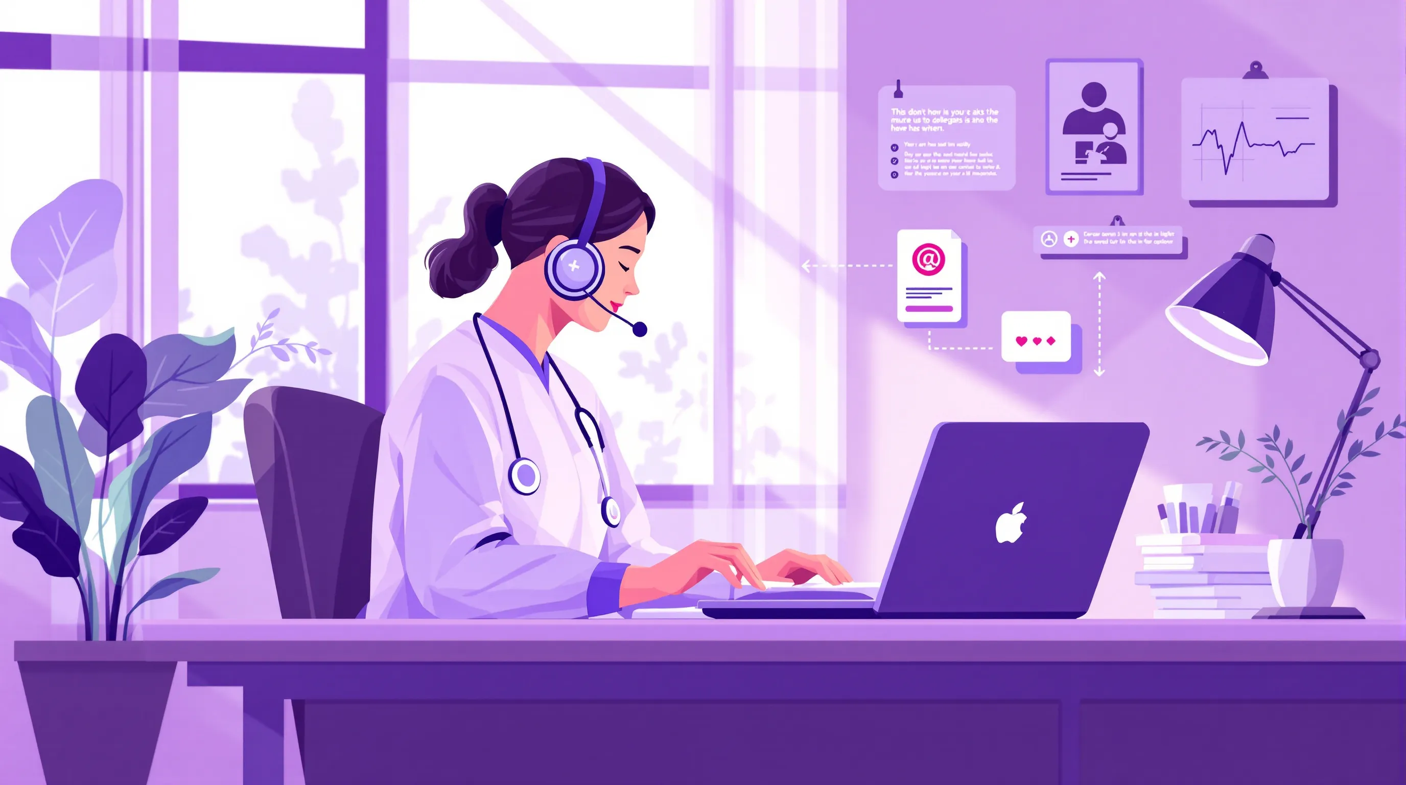 Remote virtual medical scribe wearing a headset documenting a patient visit into an electronic health record on a laptop
