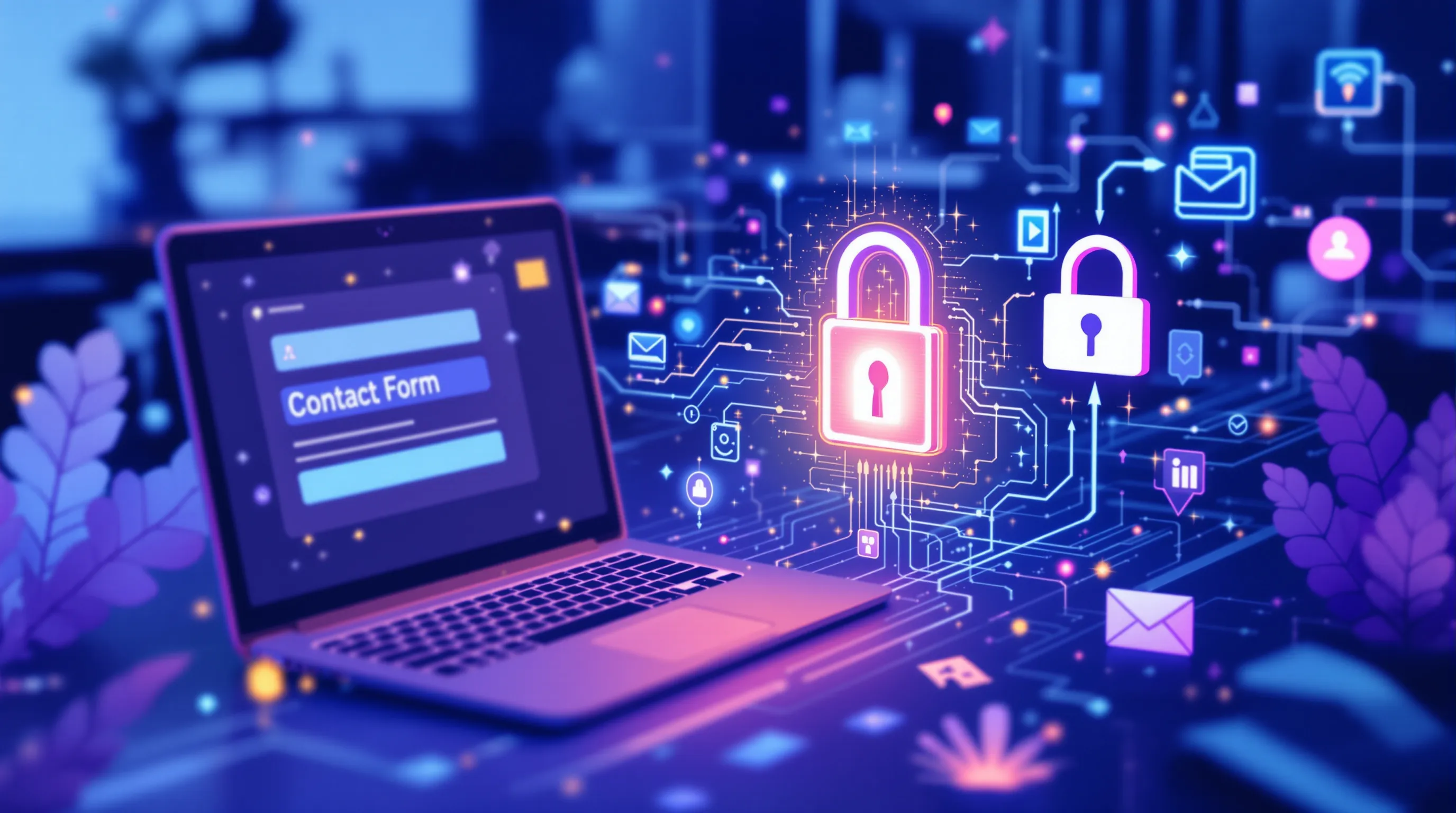 Encrypted data path showing a form submission moving from browser to server to a locked inbox