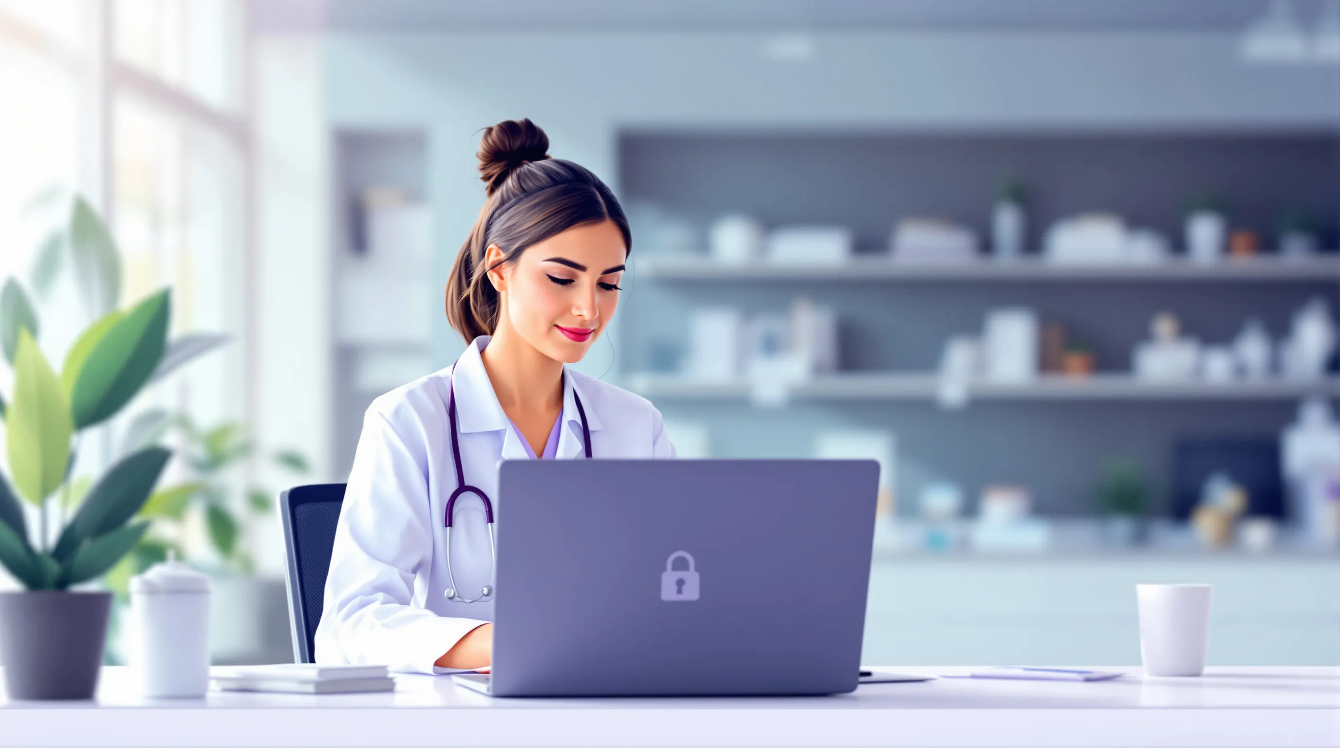 Healthcare administrator reviewing a secure patient intake form on a laptop at a clinic front desk
