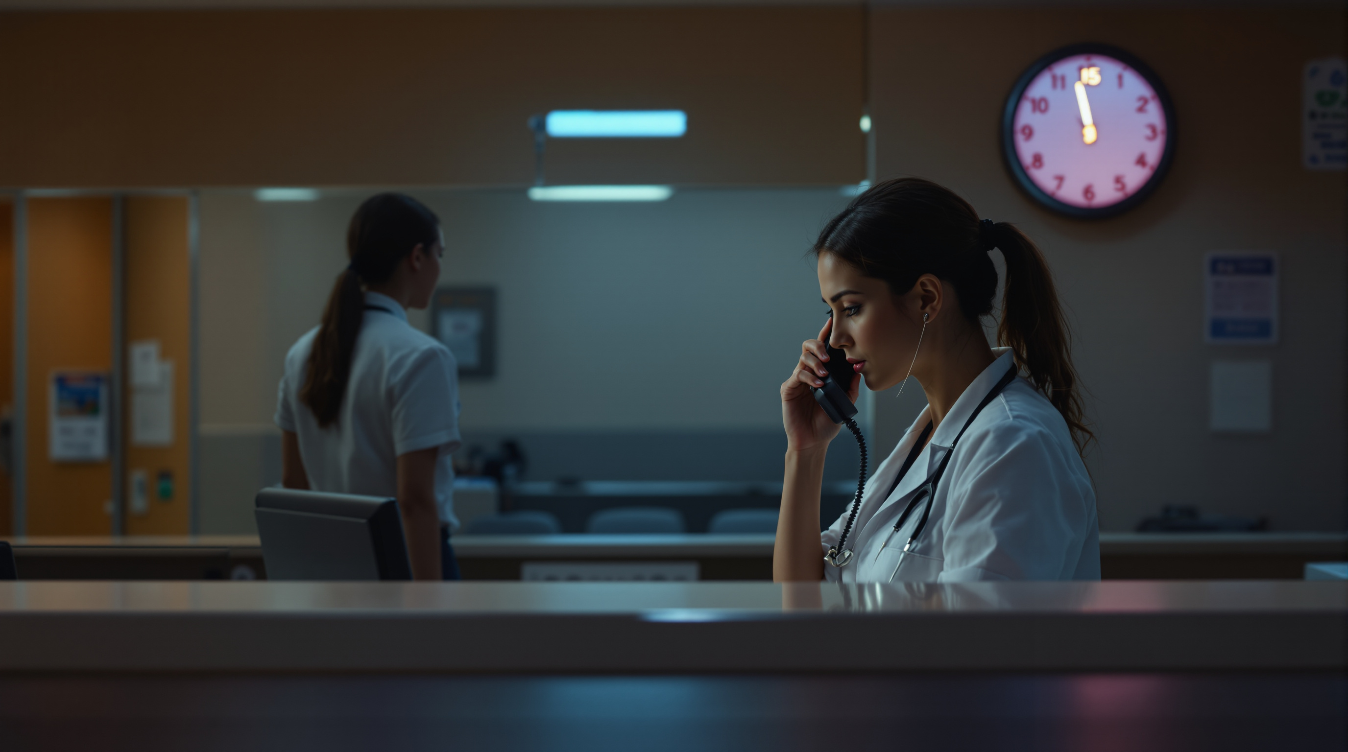 Receptionist in white coat on phone at dim clinic front desk with wall clock and second staff member in background