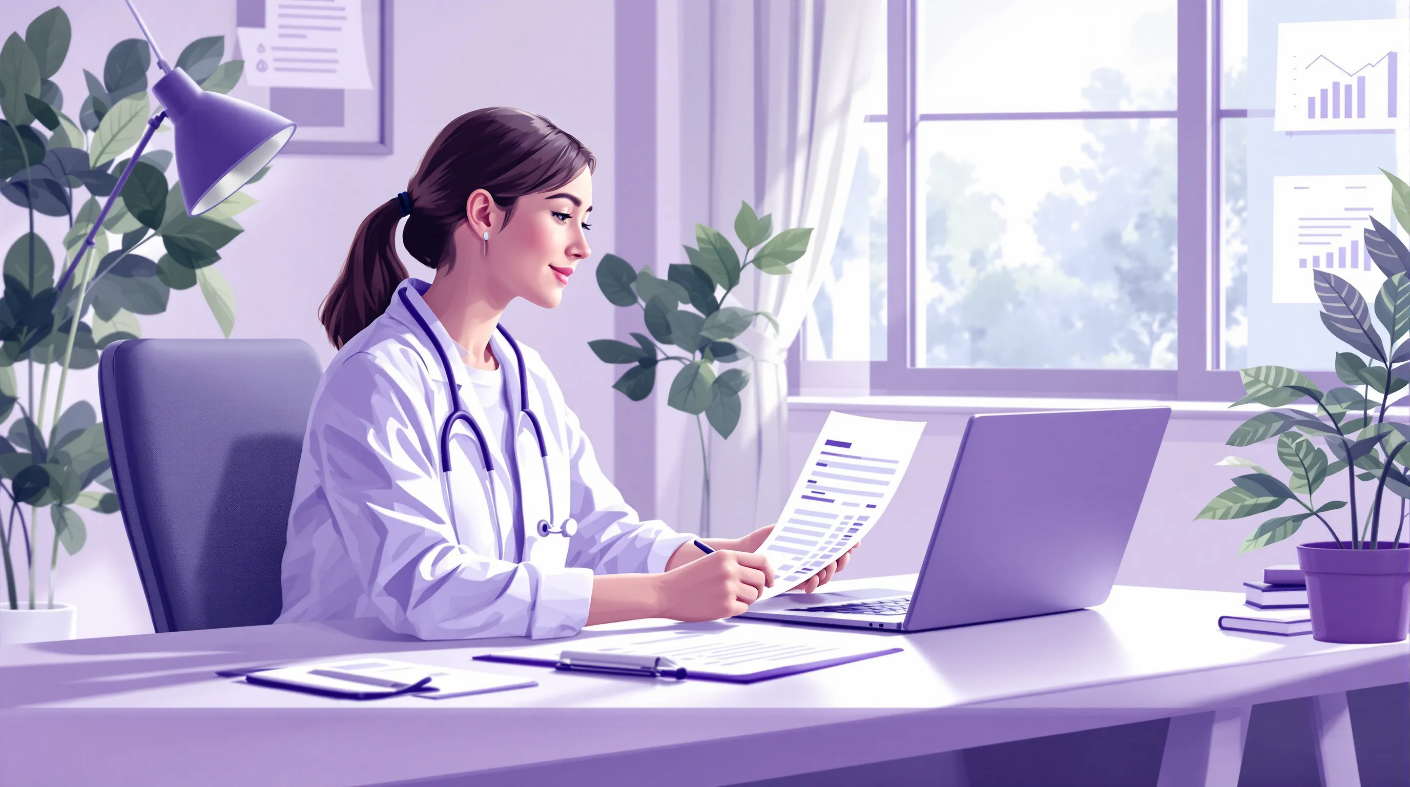 Virtual medical assistant reviewing healthcare pricing contracts at a remote home office desk