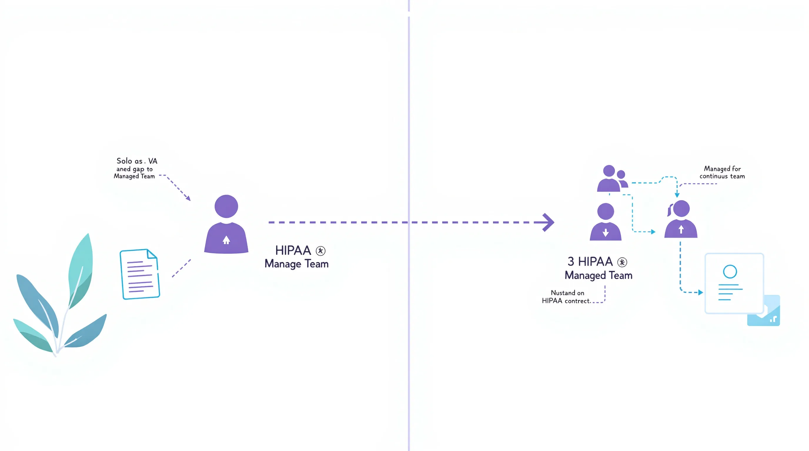Diagram comparing single dedicated VA coverage gap versus managed team continuous coverage model for healthcare practices