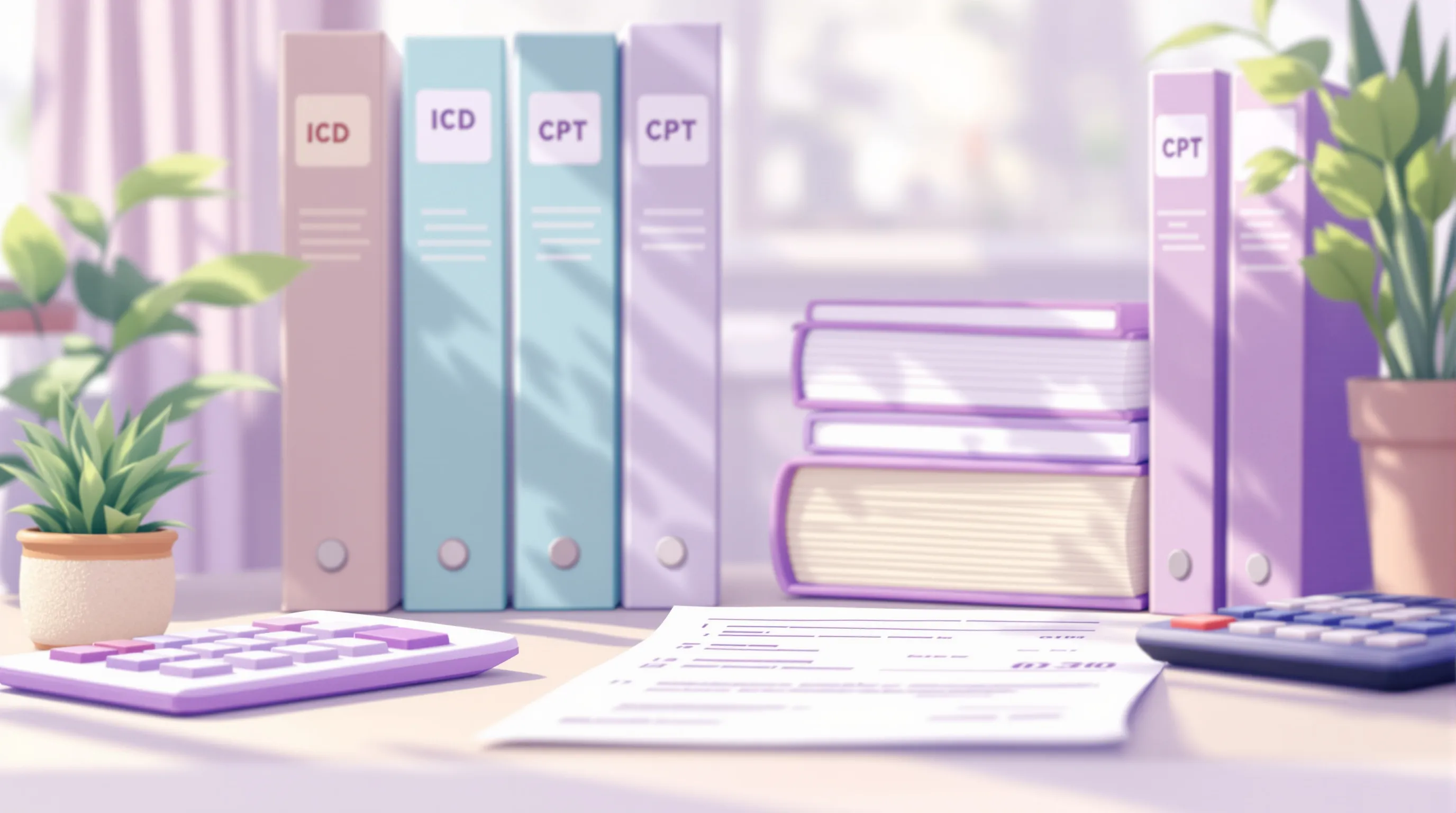 Medical coding reference materials and a calculator representing the cost comparison of outsourced coding services