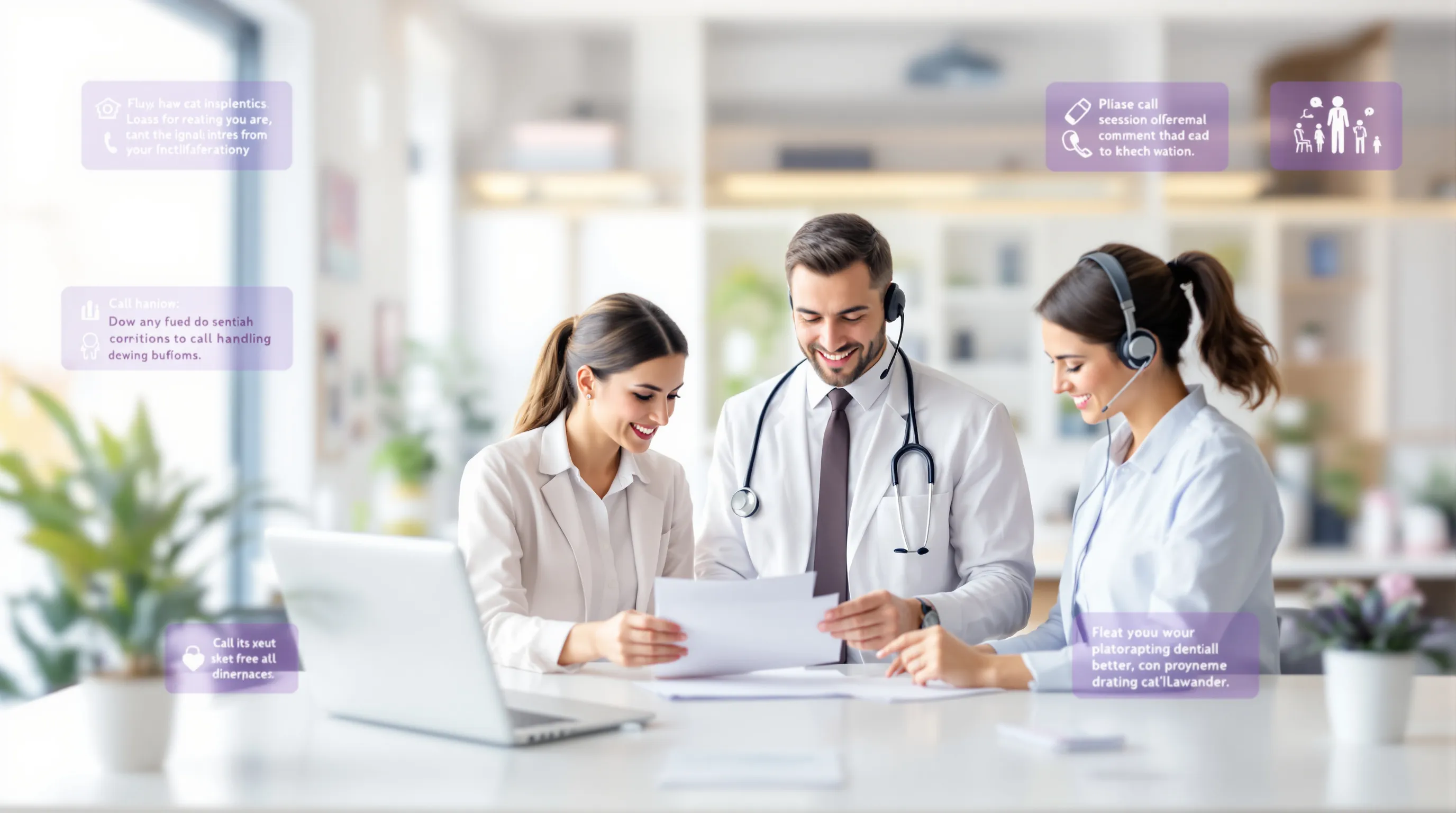 Dental practice team reviewing new-patient call-handling at a reception counter