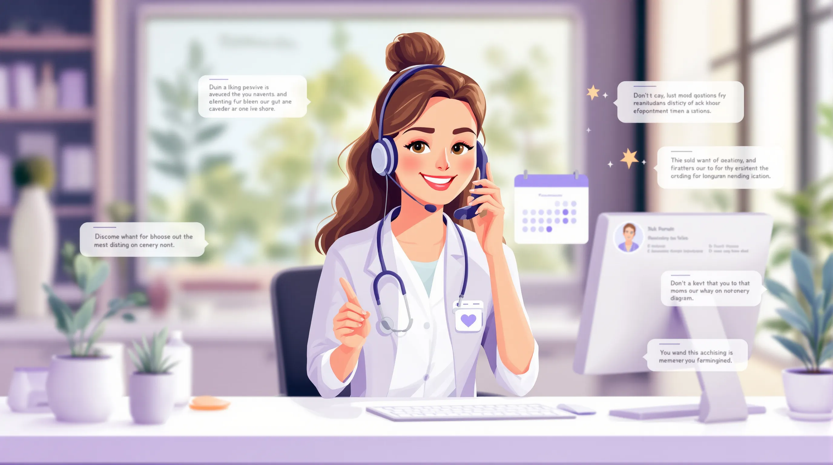 Dental front-desk coordinator with a headset answering a new-patient phone call at a modern reception desk