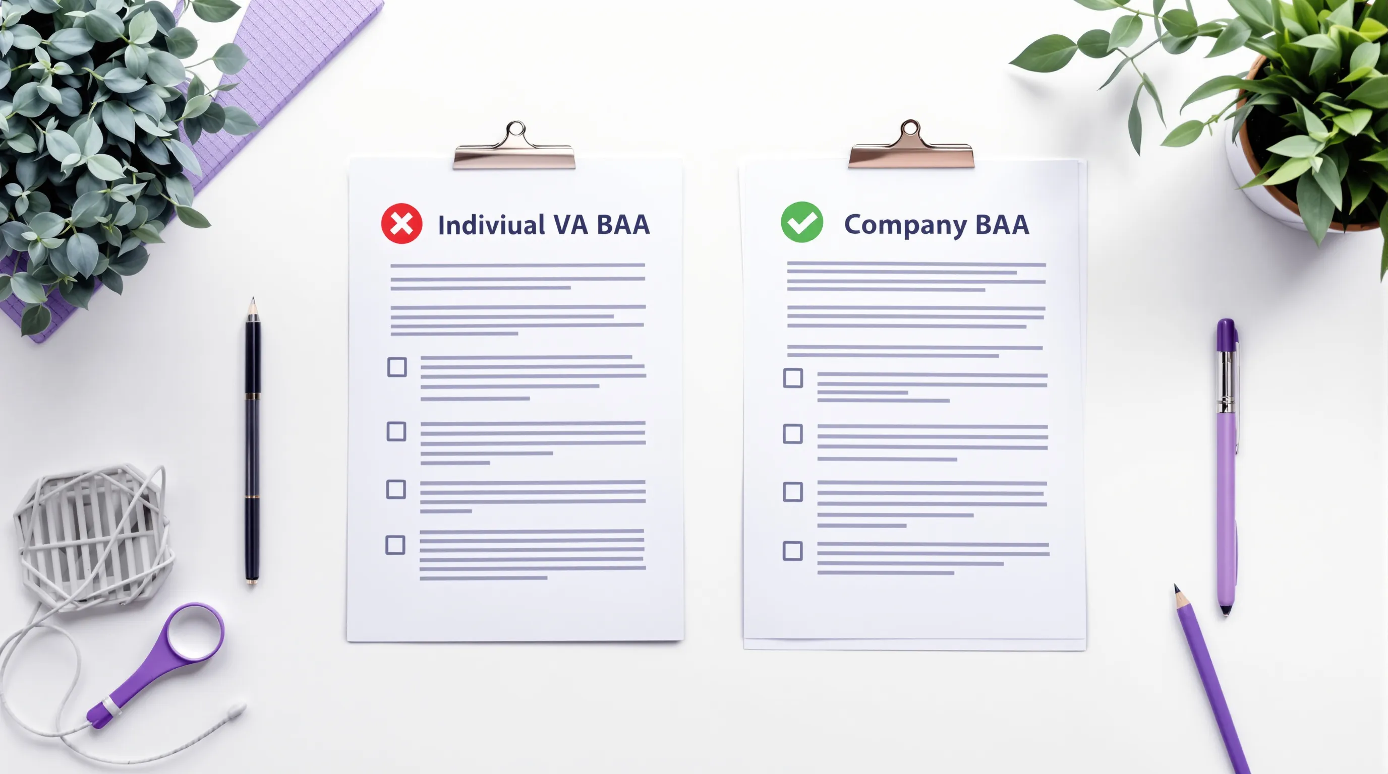 Side-by-side comparison showing two documents: one labeled 'Individual VA BAA' marked with a red X, and one labeled 'Company BAA' marked with a green checkmark