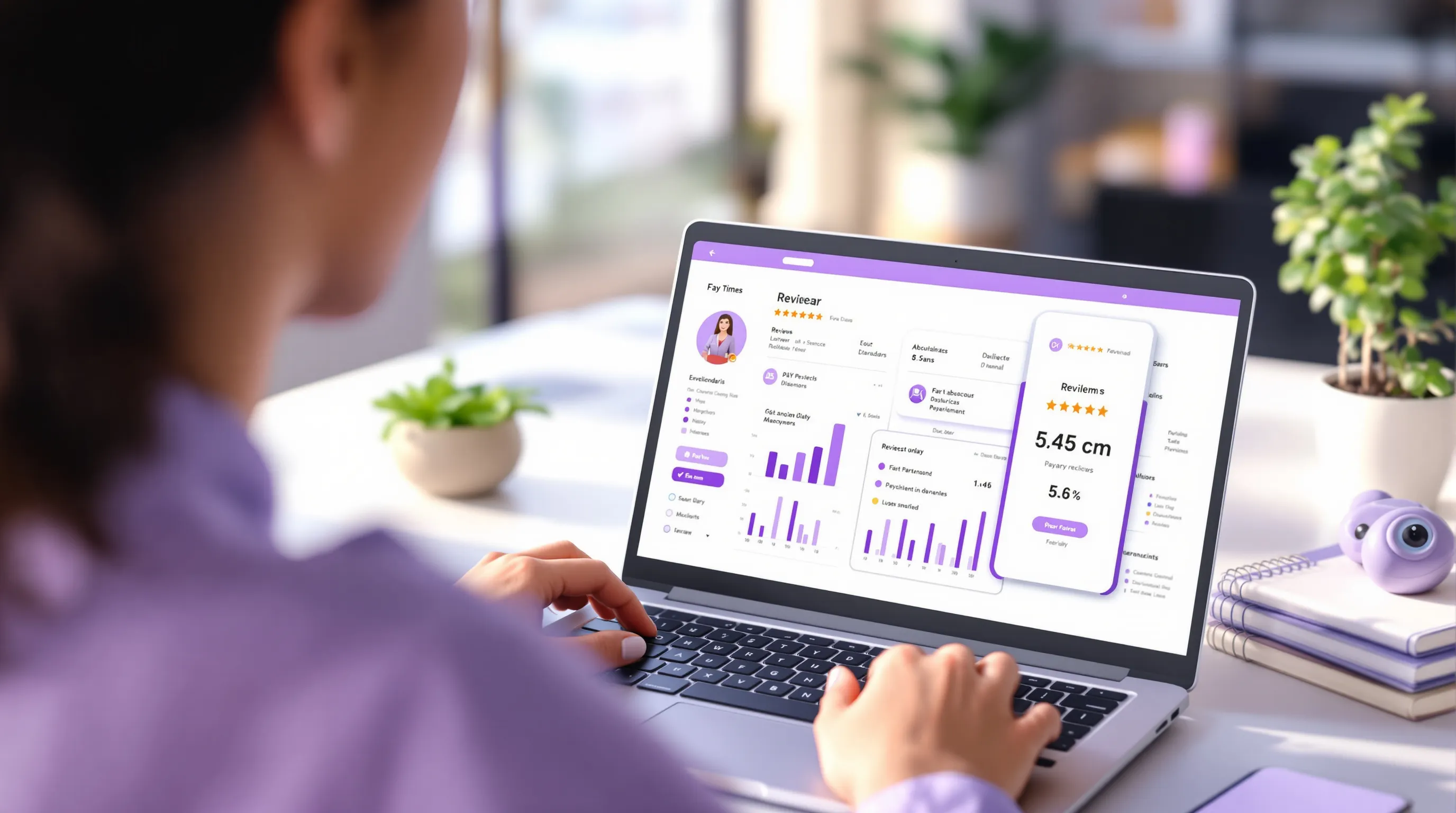Healthcare virtual assistant reviewing appointment reminders and patient reviews on a laptop