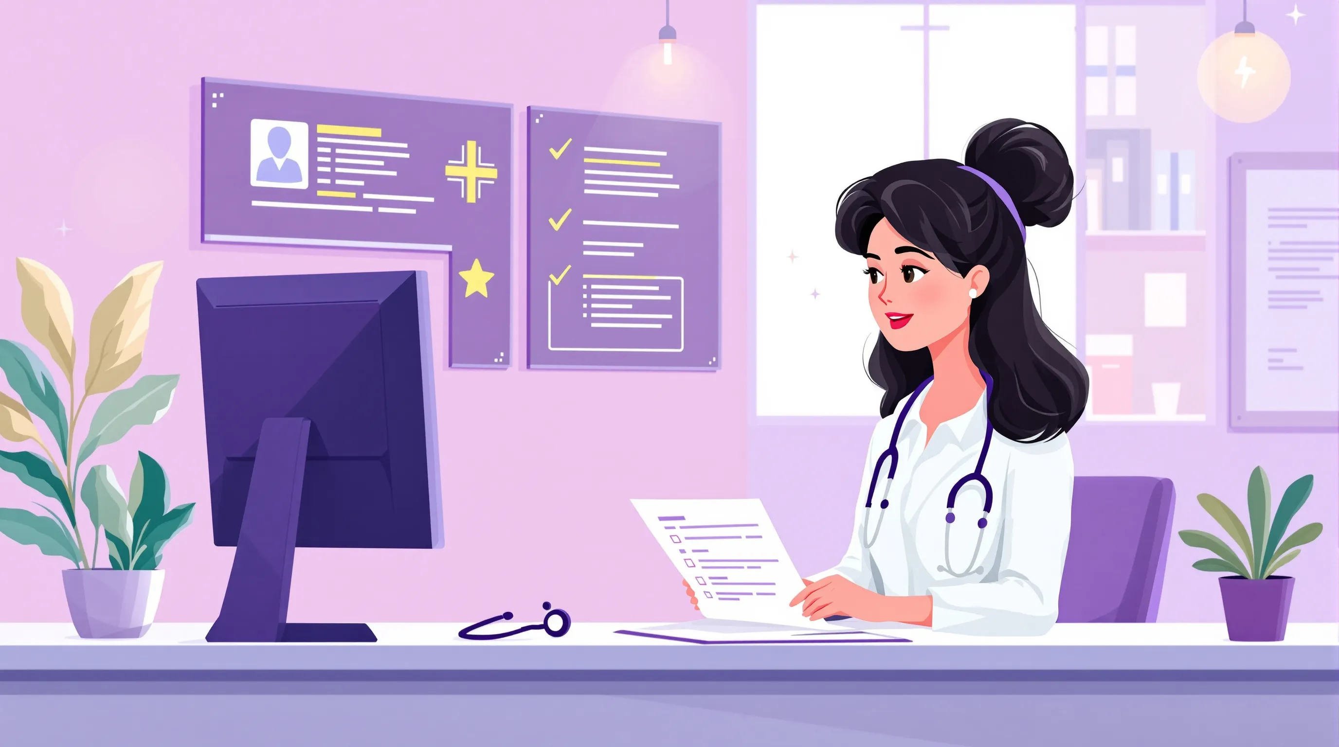 Front desk staff member at a healthcare practice reviewing insurance eligibility information on a computer screen, with a checklist visible on the desk