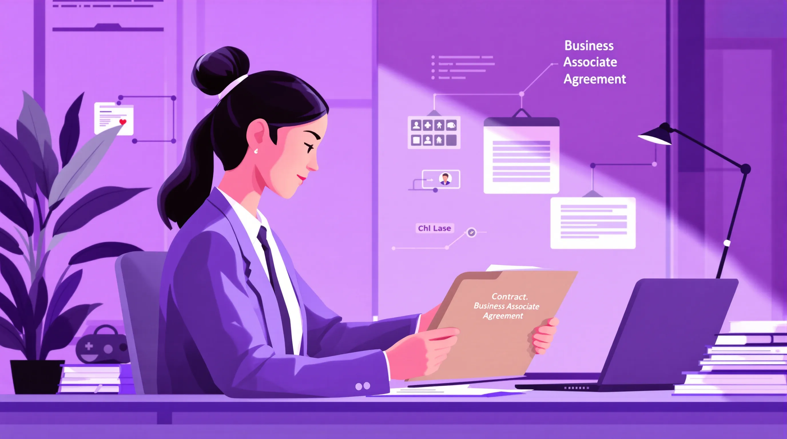 Healthcare administrator reviewing a Business Associate Agreement contract at a desk, with a HIPAA compliance folder and medical records visible
