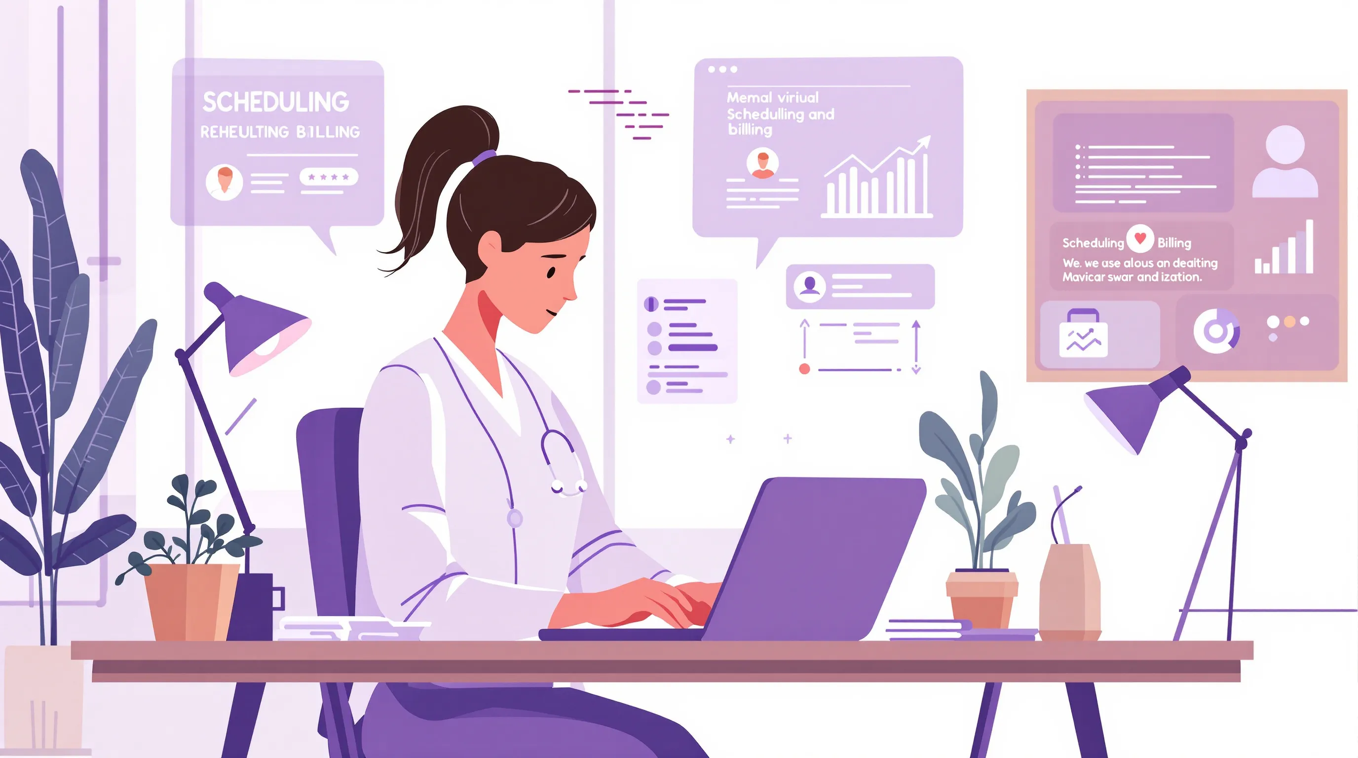 A virtual medical assistant handling scheduling and billing administrative work on a laptop at a home office